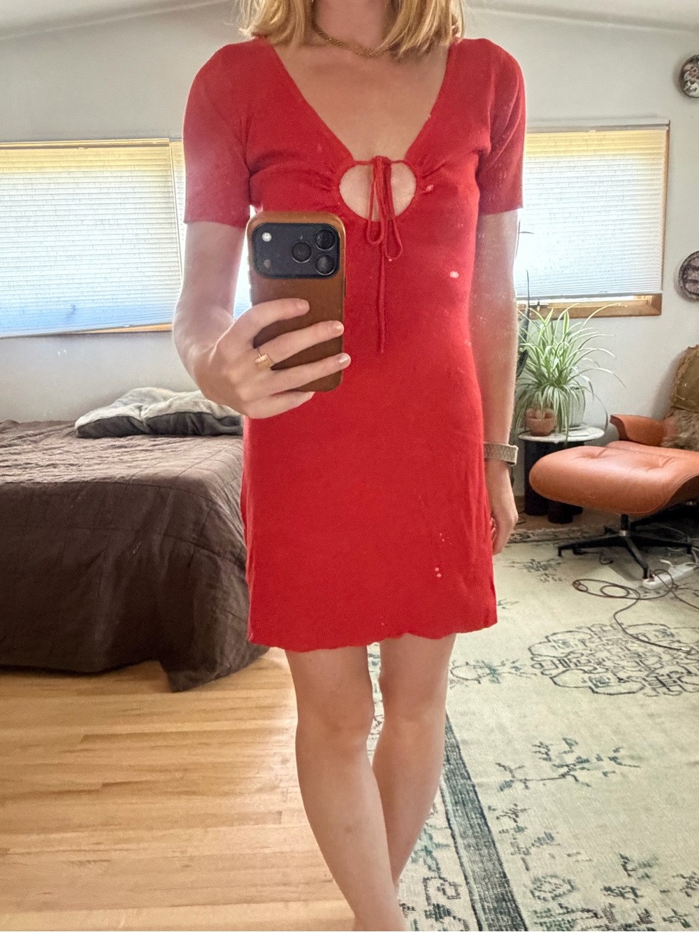 Mango Red Tie-Front Short Sleeve Mini knit Dress